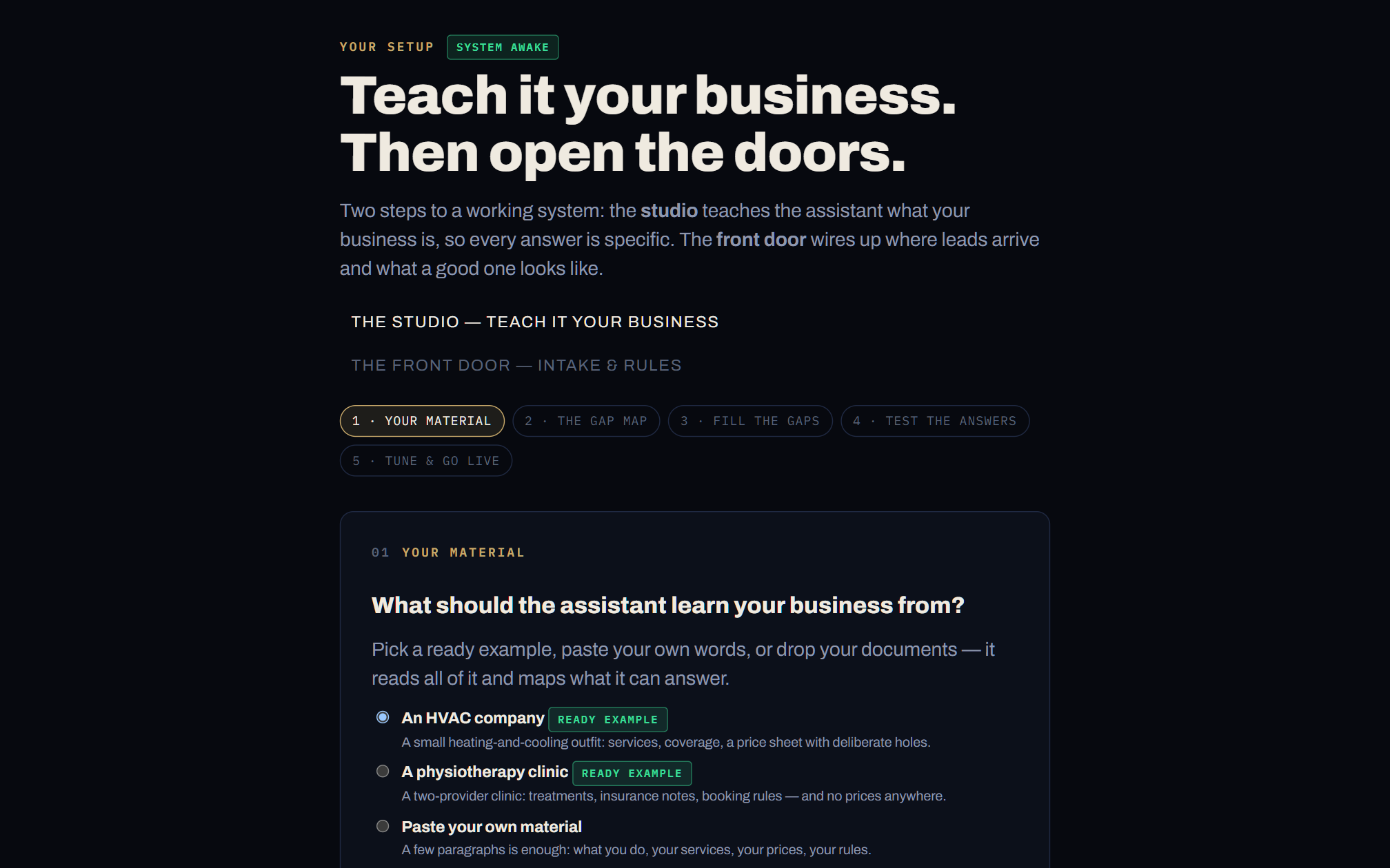 The setup wizard: describe your business in plain words, confirm the proposed rules
